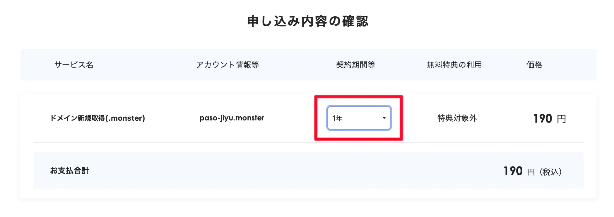 契約期間の選択-申し込み内容の確認